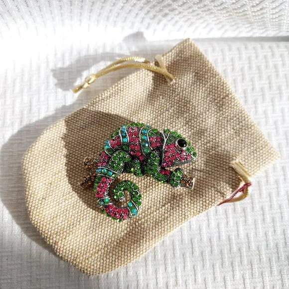 Pink Green Rhinestone Chamelion Pin Broach - Picture 3 of 4